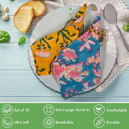 DIYANAIMPEX 10 Pc Cotton Cloth Napkins Hand Block Print Hand Made Size 16X16 Inch Printed Home Decor Indian Eco Friendly Mix Lot Dinner Napkins (Multicoloured)5