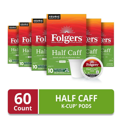Half Caff Coffee, Medium Roast, Keurig K-Cup Pods, 60 Count | 6 (10 Count) Boxes, 50 Percent Decaffeinated Coffee (Caffeine Levels May Vary), Compatible with Keurig Coffee Makers2