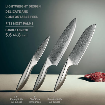 3 PCS Damascus Chef Knife Set, Ultra-Smooth Cutting Experience and Professional Grade Sharp, Kitchen Knife Set,Handle Ergonomic Design,9Cr18Mov High Carbon Stainless Steel,Dishwasher Safe3