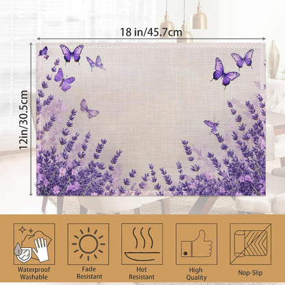 6 Pcs Placemats,Lavender Butterfly Placemat,Purple Table Mats Washable Recyclable Table Placemats for Indoor Outdoor Heat Resistant Kitchen Dining 12"X18"6