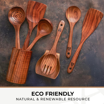 Wooden Utensil Set, 8 Pcs Teak Wooden Spoons for Cooking with Holder8