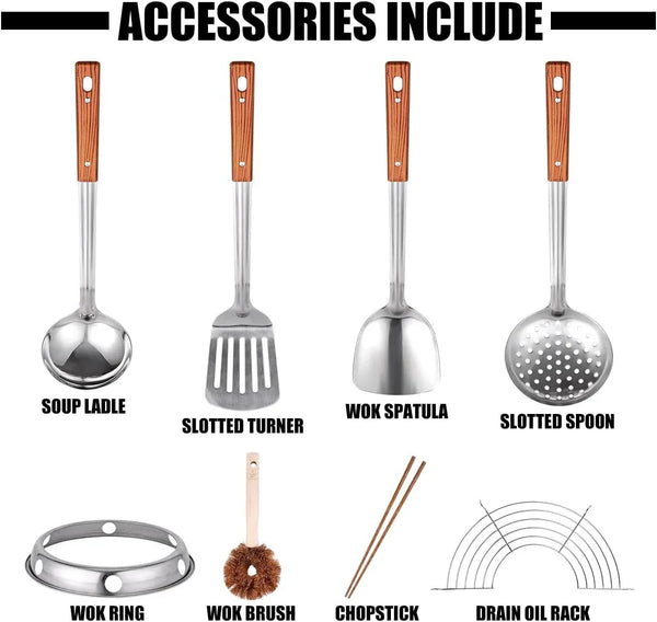 13.4" Carbon Steel Wok Traditional Hand Hammered round Bottom Wok | Chinese Woks Pan with 8 Pcs Cookware Accessories for Gas Stovetops, Open Fire, BBQ, Camping3