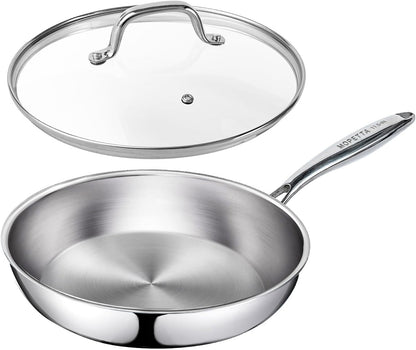 11.5 Inch Tri-Ply Stainless Steel Frying Pan with Lid,No Coatings PFOA&PTFE Free Skillets,Chef'S Pans,Dishwasher and Oven Safe Cookware, Compatible with All Cooktops1
