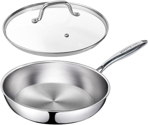 11.5 Inch Tri-Ply Stainless Steel Frying Pan with Lid,No Coatings PFOA&PTFE Free Skillets,Chef'S Pans,Dishwasher and Oven Safe Cookware, Compatible with All Cooktops1