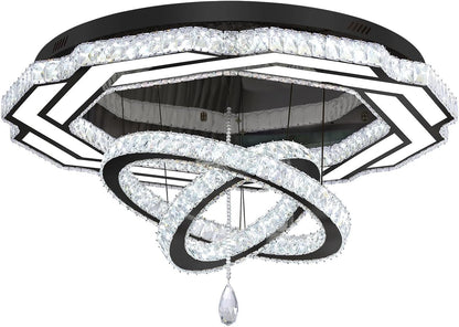 Large Crystal Chandelier Dia 48" Black Ring Crystal Chandelier Flush Mount Ceiling Light for Living Room Foyer Hallway Dimmable LED 3 Rings Celing Lighting9