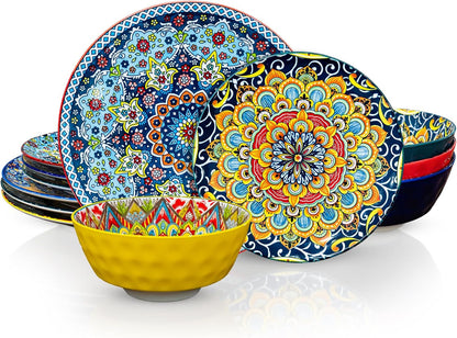12 Pieces Dinnerware Sets, Ceramic Plates and Bowls Set, Microwave and Dishwasher Safe, Scratch Resistant, Bohemian Style Dishware Set, Service for 41