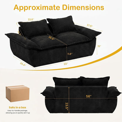 56" Boneless Loveseat Sofa, 2-Seater Black Boneless Sofa with Removable Cushions & 2 Pillows, Small Couch Boneless Compress Foam Sofa for Living Room, Apartments, & Office2