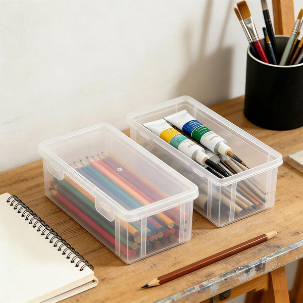 Clear Storage Box with Lids 2 Pack, Small Plastic Organizer Bins, Plastic Pencil Cases for Office Supplies, Cosmetics, Craft Items and Cables, Portable and Strong5