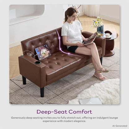 62'' Brown Leather Loveseat, Small Couch with USB for Living Room6