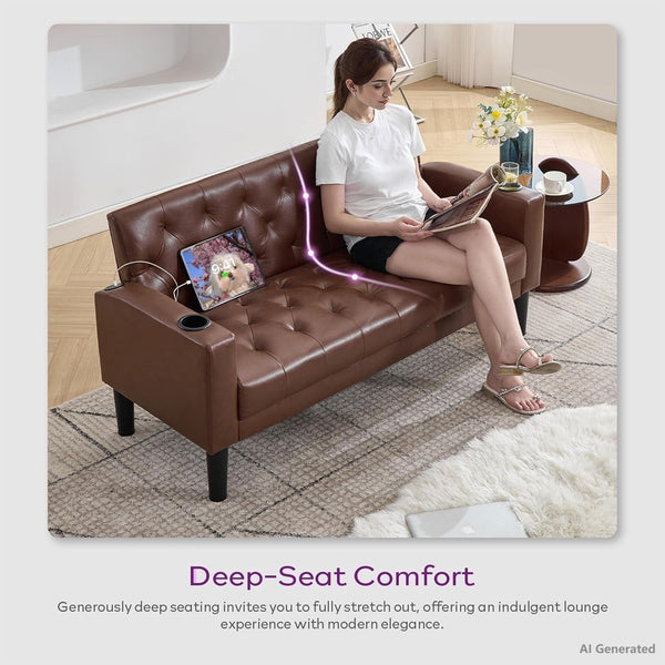 62'' Brown Leather Loveseat, Small Couch with USB for Living Room6