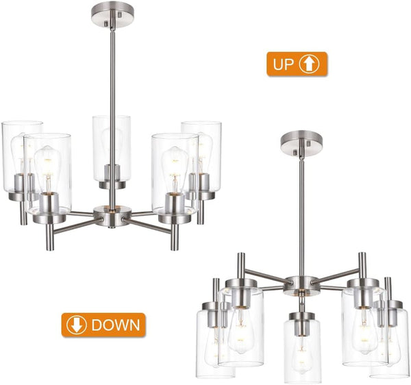 Contemporary 5 Light Large Chandeliers Modern Clear Glass Shades Pendant Lighting Brushed Polished Nickel Dining Room Lighting Fixtures Hanging Adjustable Wire Semi Flush Ceiling Lights7