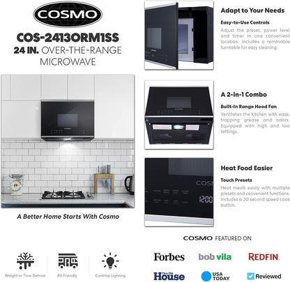 24 In. Stellar Coll 1.3 Cu Ft over the Range Microwave, Vent Fan, Stainless |  COS-2413ORM1SS 1000W, Touch Presets, Black Glass, Sensor Cooking, Automatic Defrost, LED Light, Child Safety Lock3