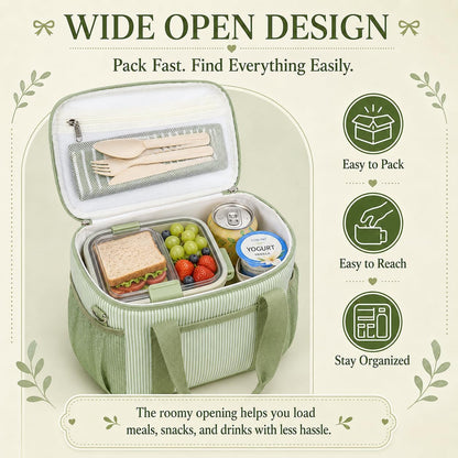 Insulated Lunch Box for Women, Cute Corduroy Lunch Bag with Shoulder Strap, Leakproof Wide-Open Lunch Tote for Work, Office, School, Picnic, Green White Stripes9