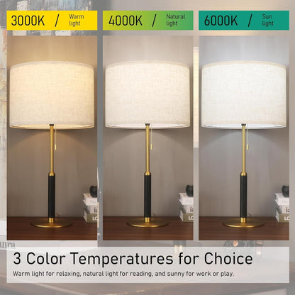 26.4" Set 2 Pull Chain Table Lamp Modern Mid Century Bedside Lamps for Living Room End Tables 3-Color Light for Bedroom, Solid Wood/Metal/Fabric Lamp for Home/Office/Desk (Light Brown+Brass)4