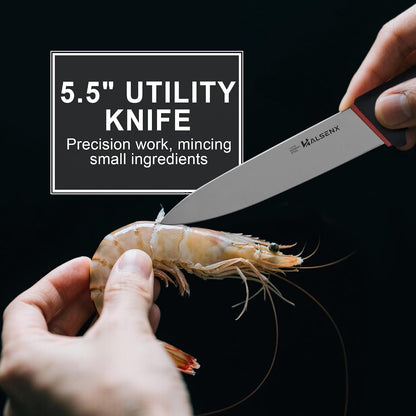 5-Piece Kitchen Knife Set, In-Drawer Storage & Sharpener | 4-Pc: Chef, Santoku & Utility Knives, Drawer Storage, No Block, Built-In Sharpener, Soft Non-Slip Grip, Rust-Proof Steel.3