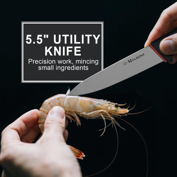 5-Piece Kitchen Knife Set, In-Drawer Storage & Sharpener | 4-Pc: Chef, Santoku & Utility Knives, Drawer Storage, No Block, Built-In Sharpener, Soft Non-Slip Grip, Rust-Proof Steel.3