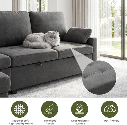 105" U-Shape Sleeper Sofa with Storage, Large 7-Seat Modular Sectional with Removable Covers, Pull-Out Couch Bed for Living Room, Dark Grey8