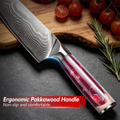 Damascus High Carbon Chefs Knife Ergonomic Handle(8In,Red Resin)6