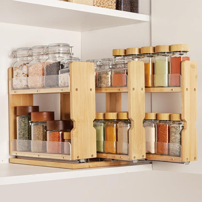 Bamboo Pull Out Spice Rack Organizer for Cabinet, 3 Slide-Out Drawers(2"&3") with Wide Drawer for Large Bottles, Kitchen Pantry Heavy-Duty Sliding Vertical Organization, 8.6"W,2-Tier,Natural1