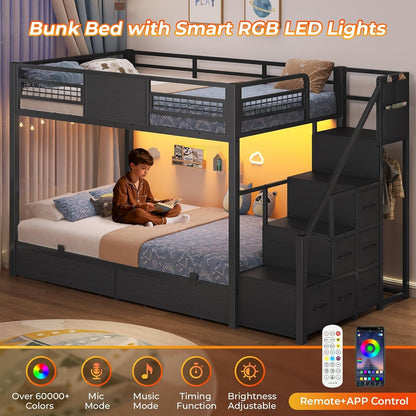Bunk Bed Twin over Twin with Stairs, Storage Drawers and LED Lights6