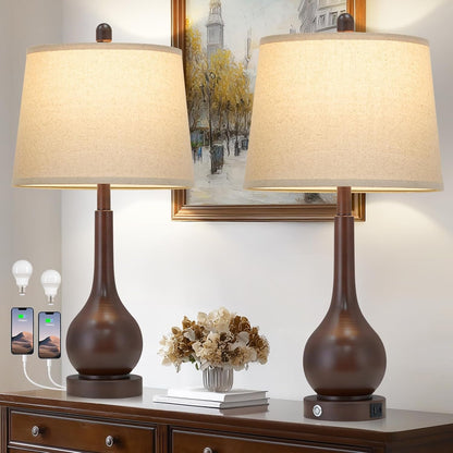 26" Brown Table Lamps Set of 2, Touch Control Bedside Lamps for Bedroom Nightstand, 3-Way Dimmable Farmhouse Lamp for Living Room with Charging Port (2 LED Bulbs Included)6
