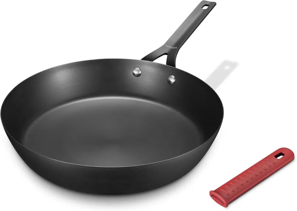 Carbon Steel Pan, 10 Inch Nonstick Frying Pan Skillet | Pre-Seasoned Carbon Steel Cookware with Removable Silicone Handle Holder, Indoor/Outdoor, Induction & Oven Safe1