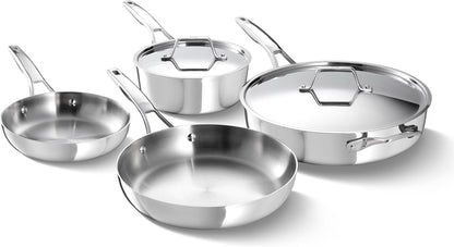 Calphalon Premier Polished 5-Ply Stainless Steel Cookware Set W/Turbo Heat Tech 6 Piece Includes Frying Pans, Pots and Pans Set, Induction, Oven Safe 500F, PFOA Free, Polished Stainless Silver1