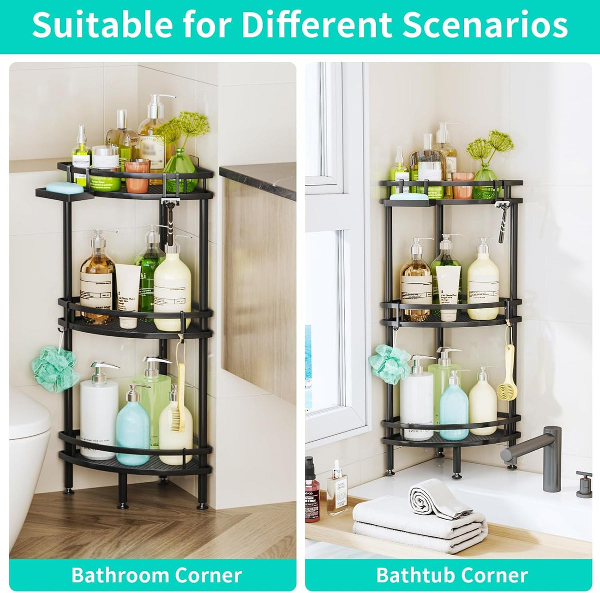 standing-corner-shower-caddy-3-tier-shower-organizer-corner-with-soap-holder-and-4-hooks-rustproof-bathroom-storage-shelves-with-adhesives-black