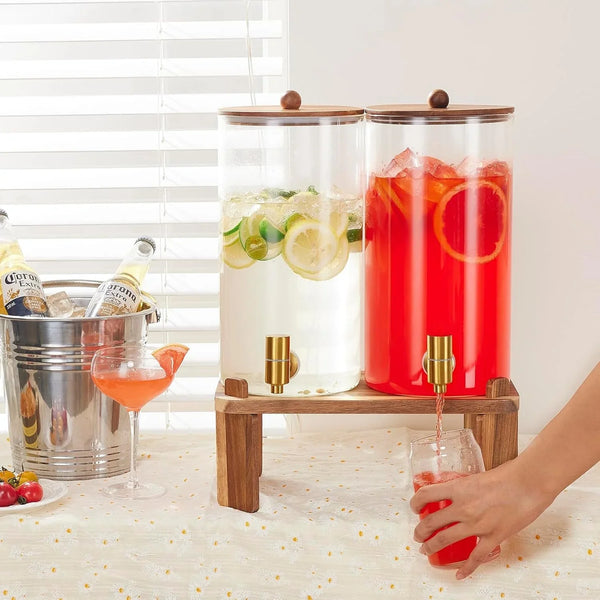 1.5 Gallon Drink Dispenser: 2P Glass Dispenser W/Wood Stand | 6L Large Capacity-Stainless Steel Spigot-Beverage Container for Lemonade/Juice/Sun Tea-Ideal for Home Gatherings&Party Drink4