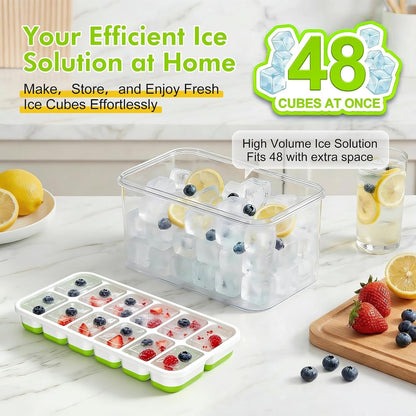 Ice Cube Tray with Lid and Bin - 4 Pack Molds Space-Saving Ice Bucket Kit | Stackable Silicone Trays for Freezer, for Whiskey, Cocktails, Coffee, Juice, Soda, Kitchen & RV6