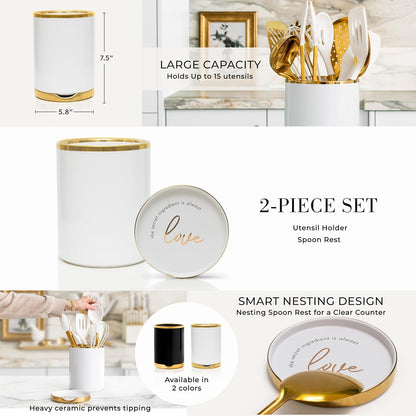 White and Gold Cooking Utensils Set, 13-Piece | Kitchen Set with White Ceramic Utensil Holder and Stackable Gold Spoon Rest - Luxury Kitchen Accessories for Stylish Cooking7