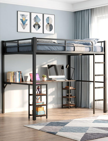 Full Size Loft Bed with Desk, Shelves and Clothes Rack,Black9