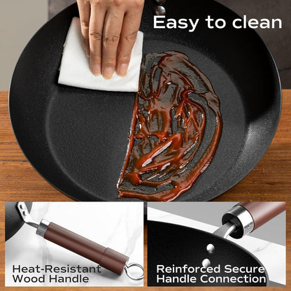 Carbon Steel Frying Pan, Pre-Seasoned 11-Inch Cooking Skillet Wooden Handle, PFAS & Pfoa-Free, Nitrided Black Fry Pan for Kitchen, Camping, Chef Use8