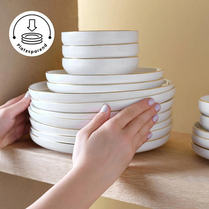 Streamline New Saturn 59-Piece Dinnerware Set for 12 People,New Generation Bone, Dinner Plates, Pasta Bowls,Salad/Cereal Bowls,Side Plates, Serving Platters,Porcelain Crockery Set, White Gold8