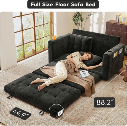 55" Convertible Folding Sofa Bed, Pull Out Couch Love Seat Sleeper Bed, Small Fold Out Loveseat Sleeper with Cup Holder and Pillow for Small Space, Bedroom Lounge, Dorm, Living Room(Black Chenille)5