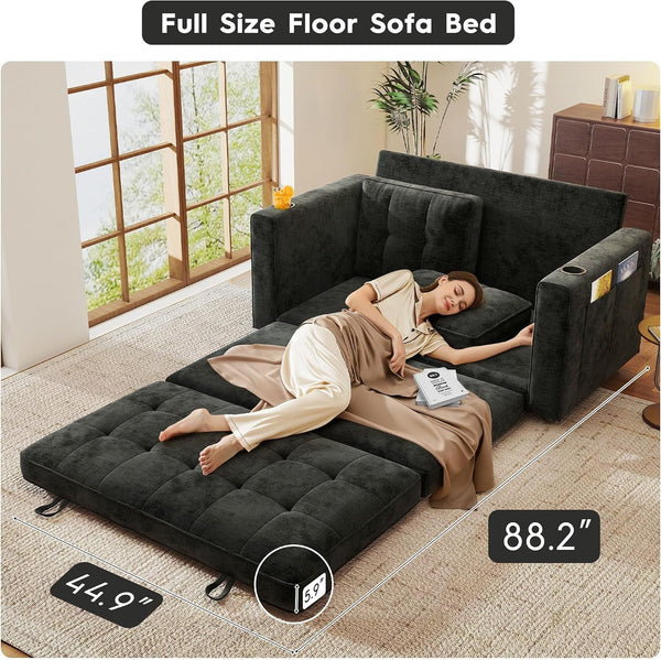 55" Convertible Folding Sofa Bed, Pull Out Couch Love Seat Sleeper Bed, Small Fold Out Loveseat Sleeper with Cup Holder and Pillow for Small Space, Bedroom Lounge, Dorm, Living Room(Black Chenille)5