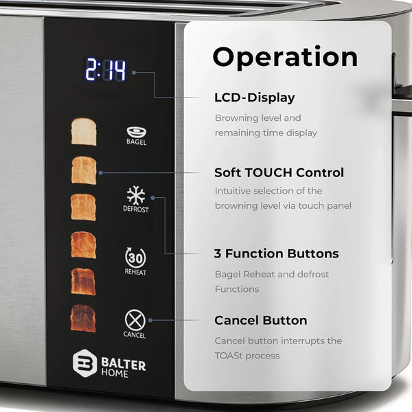 Toaster 4 Slice Wide Slot, Bagel Function, Long Slot, Stainless Steel, Touch Screen, Built-In Rack, Extra-Wide 1.5" Slots for Thick Breads & Bagel, Timer, Bpa-Free, 6 Levels, Removable Tray6