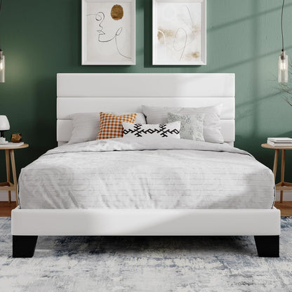 Full Platform Bed Frame with Upholstered Velvet Headboard, White1