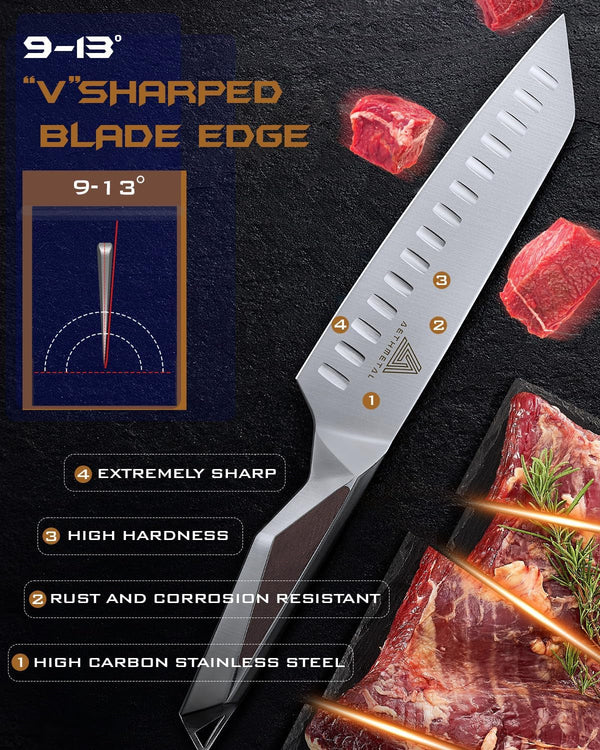 7 Inch Santoku Knife, Full Tang Kitchen Knife with Hollow-Ground Blade, High Carbon Stainless Steel Chef Knife for Meat, Vegetables & Fruits, Ergonomic Metal Handle, Premium Gift Box2