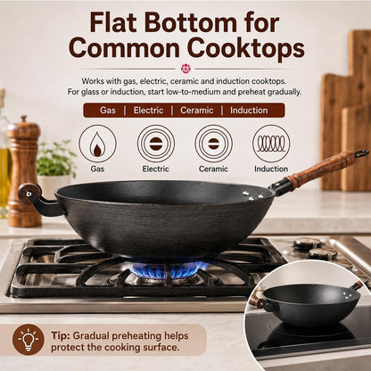 14.2 Inch Cast Iron Wok with Wooden Lid & Handle, Flat Bottom Stir Fry Wok Pan, Turtle-Pattern Textured Uncoated Large Wok Skillet for Induction, Gas & Electric (Seasoning Required) | Uncoated Cast Iron Wok with Wood Lid for Induction, Gas and Electric Stoves; Season before Use.4