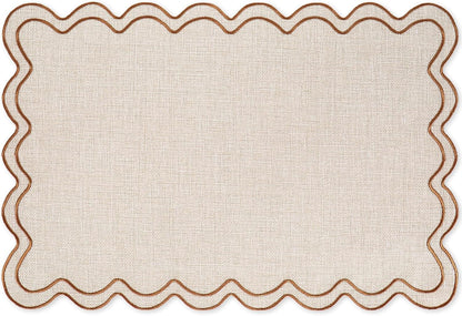 Beige Linen Placemats Embroidered Scalloped Kitchen Place Mats for Birthday Baby Shower Party Home Dining Table Decor, Set of 6, 13 X 19 In1