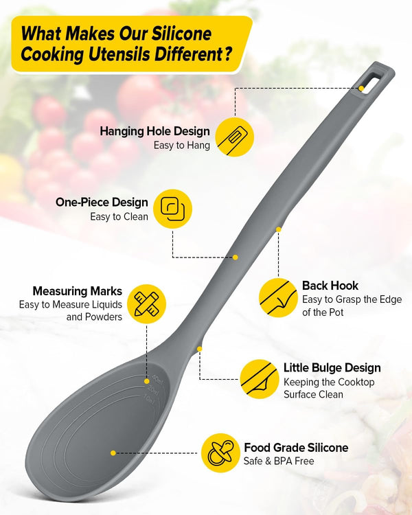 Pack of 2 Silicone Cooking Spoons, Non Stick Solid Kitchen Spoon with Measuring Marks & Back Hooks, Heat Resistant Silicone Slotted Spoon for Cooking, Mixing, Stirring,Serving (GRAY)2