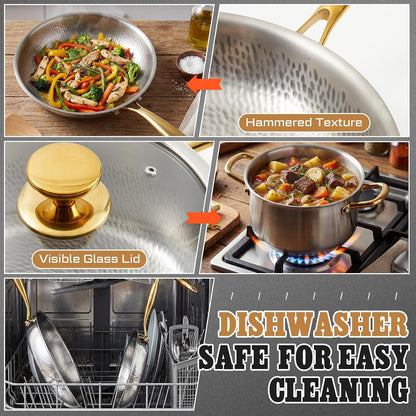Titanium Pots and Pans Set,6 Pcs,Essential Cookware Set | Titanium Pans for Cooking with Lids, Spoon, Spatula, Triply Titanium No Coating for Induction, Cooktops, Safe up to 1000°F6
