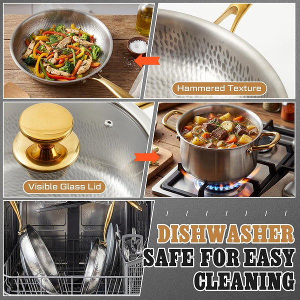 Titanium Pots and Pans Set,6 Pcs,Essential Cookware Set | Titanium Pans for Cooking with Lids, Spoon, Spatula, Triply Titanium No Coating for Induction, Cooktops, Safe up to 1000°F6