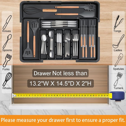 Silverware Organizer - Expandable Large Kitchen Drawer Organizer Utensil Organizer with 2 Removable Knife Blocks, 22"X 19"Cutlery Tray Drawer Dividers for Kitchen Flatware(6-9 Slots) (Black)7