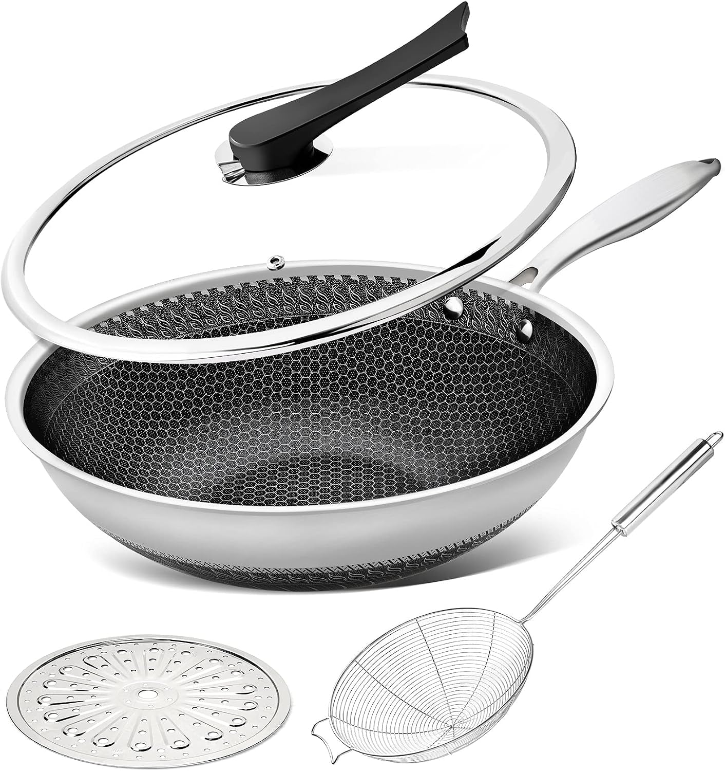 wok-pan-with-lid-12-inch-stainless-steel-wok-with-spider-strainer-and-steaming-rack-honeycomb-stir-fry-pans-flat-bottom-wok-induction-compatible-dishwasher-and-oven-safe