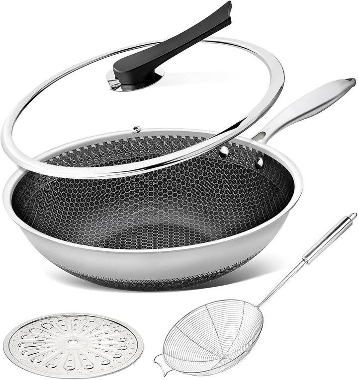 Wok Pan with Lid, 12 Inch Stainless Steel Wok with Spider Strainer and Steaming Rack, Honeycomb & Stir-Fry Pans Flat Bottom Wok Induction Compatible, Dishwasher and Oven Safe
