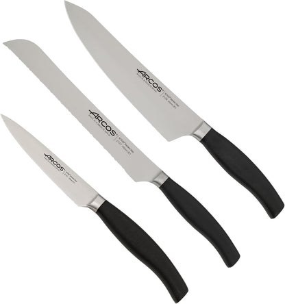 Clara 3-Piece Kitchen Knife Set - 8-Inch Chef Knife, 8-Inch Bread Knife and 4-Inch Paring Knife - Forged Nitrum Stainless Steel, Silk Edge - Ergonomic Handles - Made in Spain1