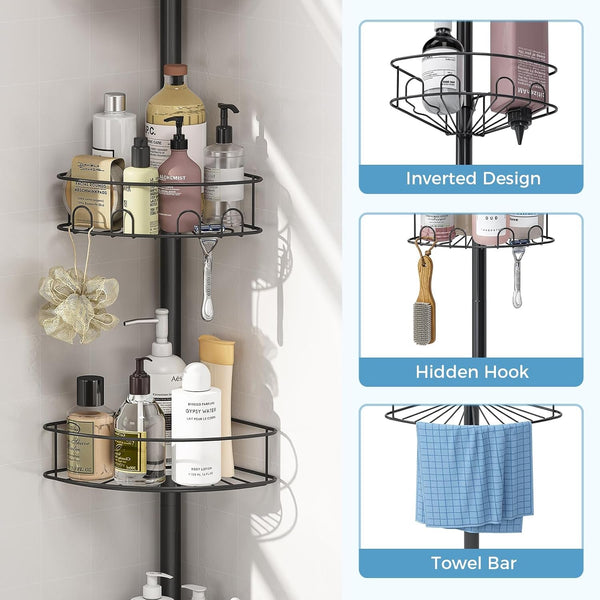 Shower Caddy Tension Pole, Corner Bathroom Organizer, Black2