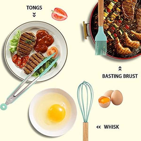 Silicone Cooking Kitchen Utensils Set, Wooden Handle, Teal7